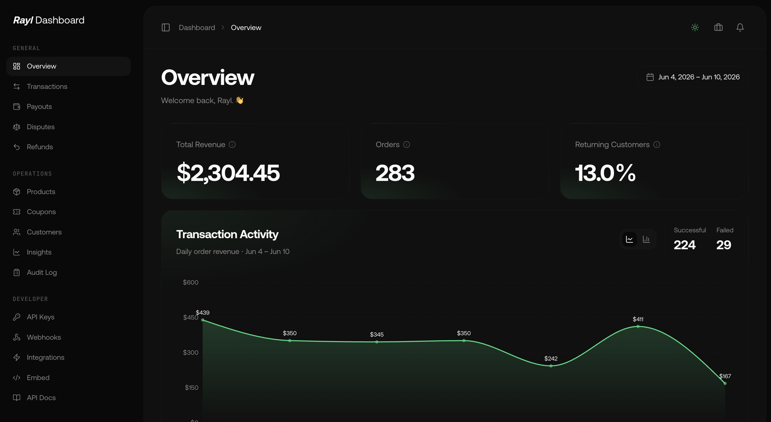 The Rayl Payments dashboard — overview screen showing revenue, orders, returning customers, and transaction activity chart.